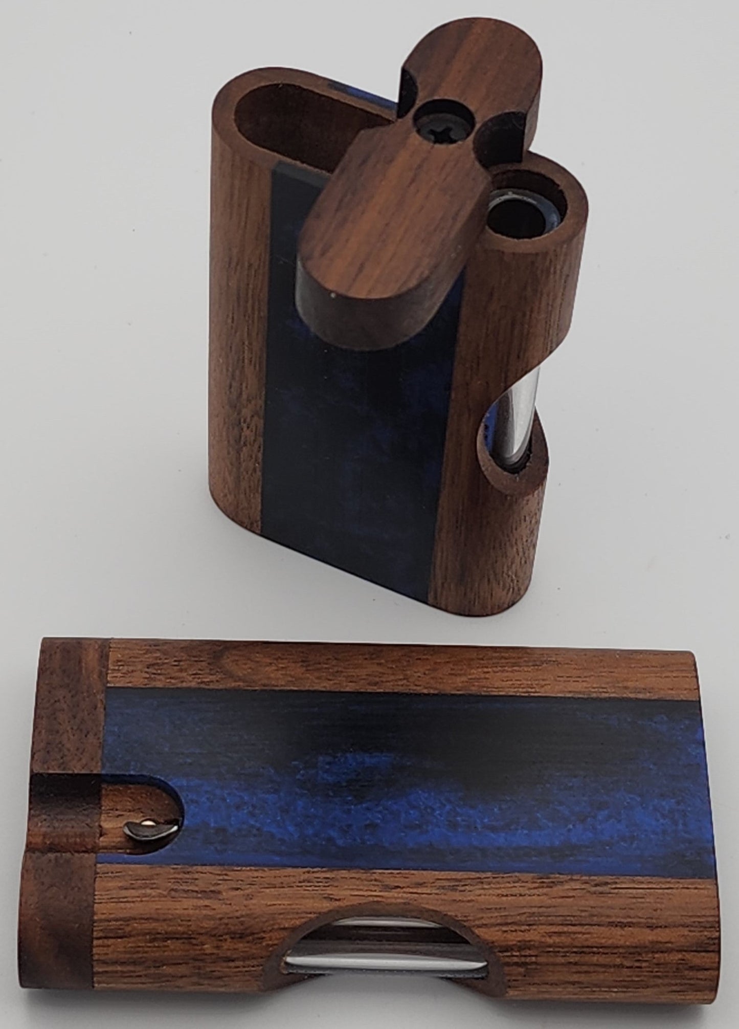 Zombieboxx Dugouts - Chillum Boxx - With 3" Glass Chillum & Stainless-Steel Poker - Black Walnut - Blue/Black Resin Epoxy