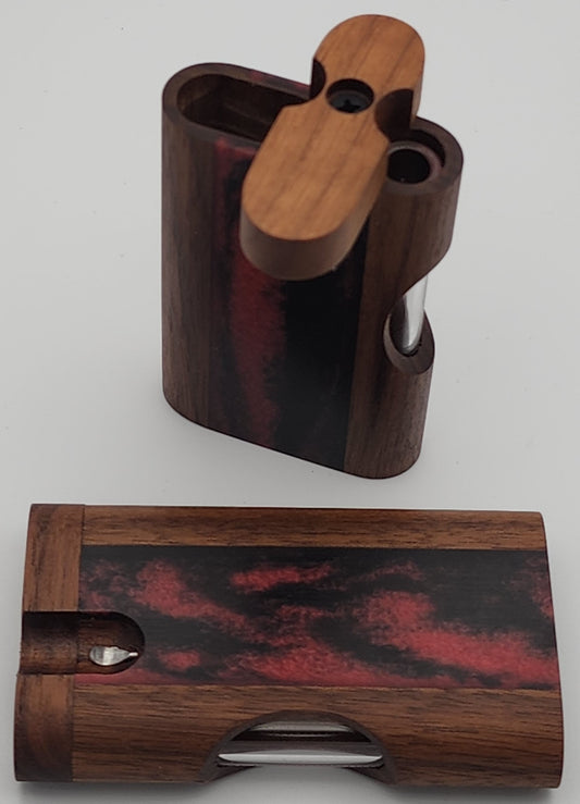 Zombieboxx Dugouts - Chillum Box - With 3" Glass Chillum & Stainless-Steel Poker - Premium Black Walnut - Red/Black Resin Epoxy