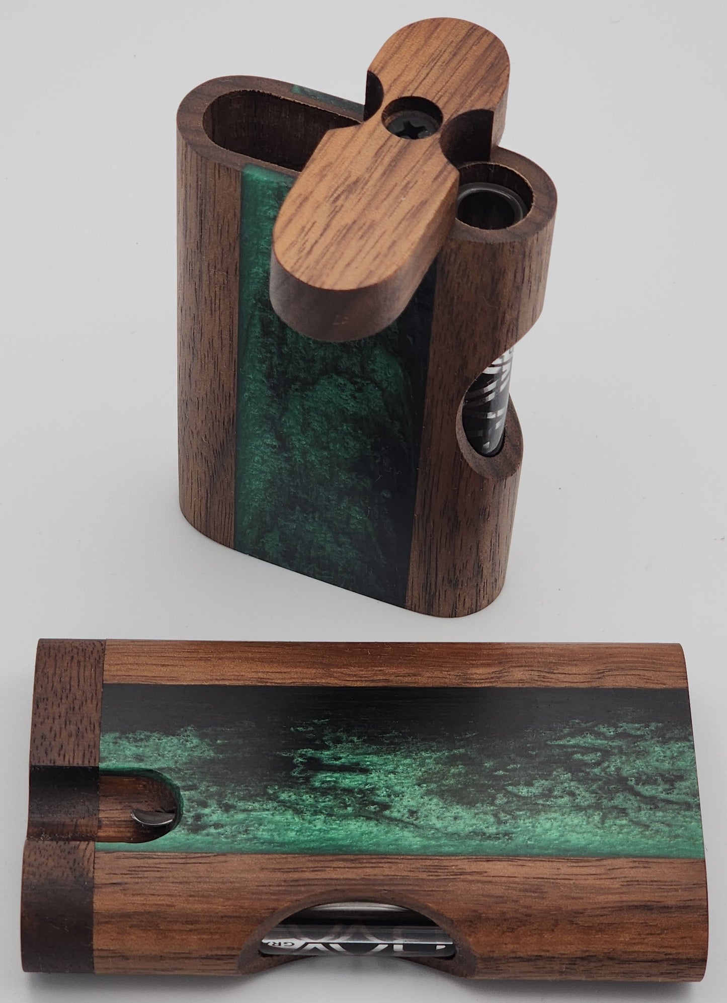 Zombieboxx Dugouts - Chillum Box - With 3" Glass Chillum & Stainless-Steel Poker - Premium Black Walnut - Red/Black Resin Epoxy