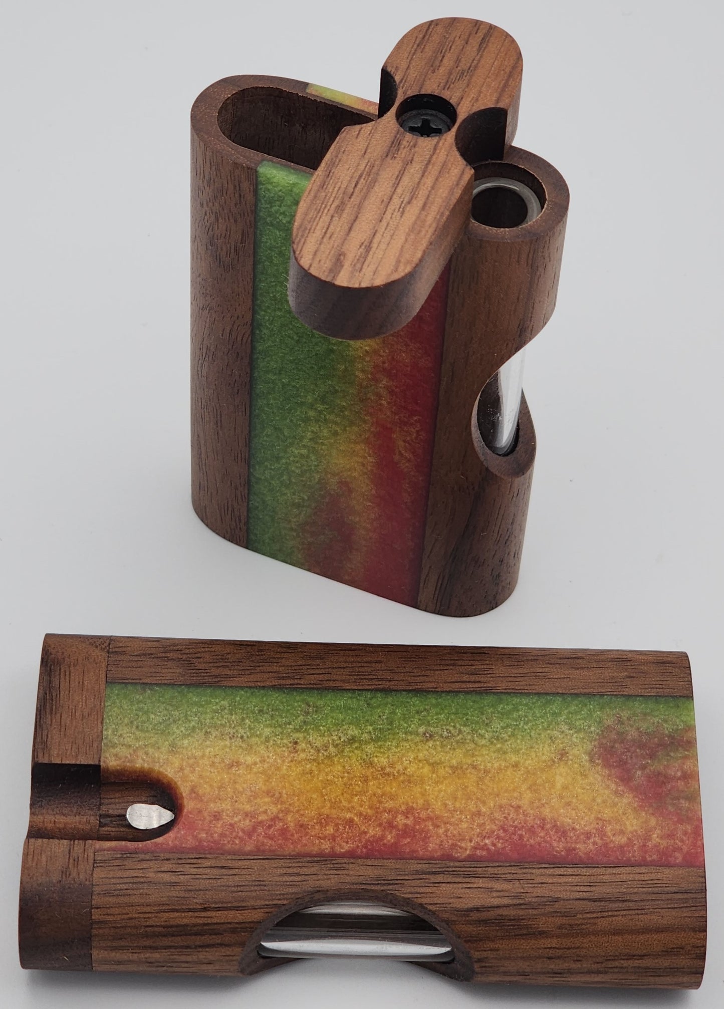 Zombieboxx Dugouts - Chillum Box - With 3" Glass Chillum & Stainless Steel Poker - Premium Black Walnut - Red White & Blue Resin Epoxy