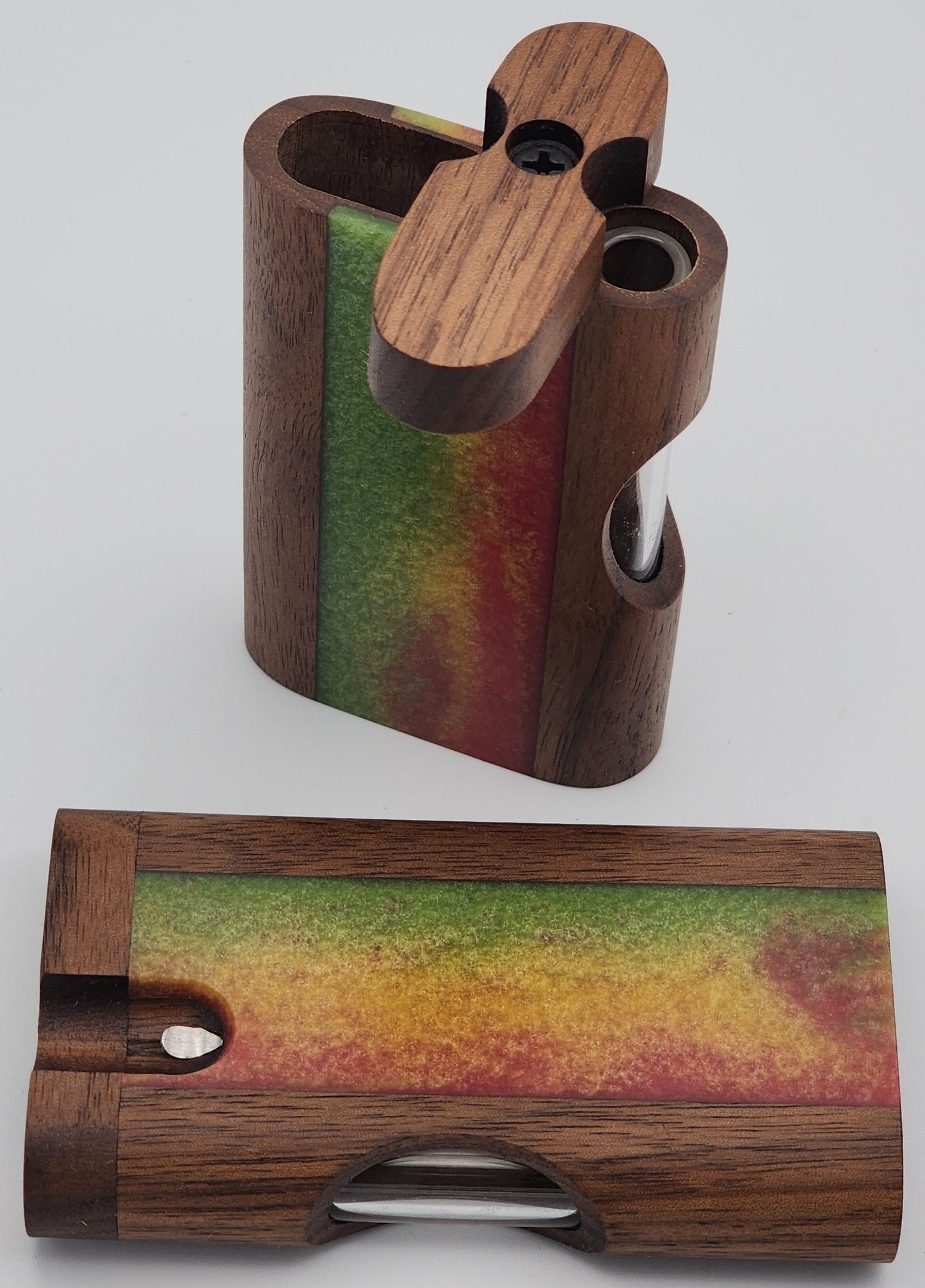 Zombieboxx Dugouts - Chillum Box - With 3" Glass Chillum & Stainless-Steel Poker - Premium Black Walnut - Red/Black Resin Epoxy