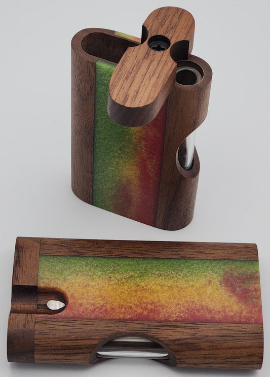 Zombieboxx Dugouts - Chillum Box - With 3" Glass Chillum & Stainless-Steel Poker - Premium Black Walnut - Rasta Resin Epoxy