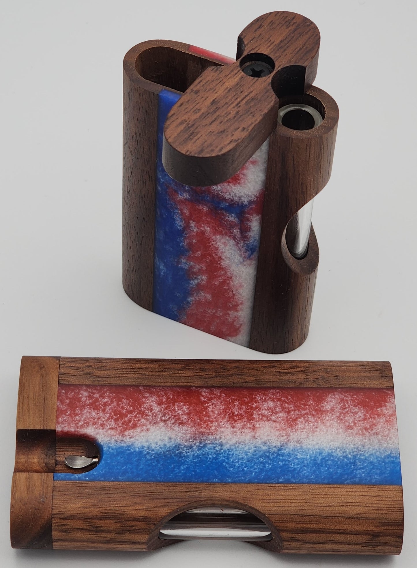 Zombieboxx Dugouts - Chillum Box - With 3" Glass Chillum & Stainless Steel Poker - Premium Black Walnut - Red White & Blue Resin Epoxy