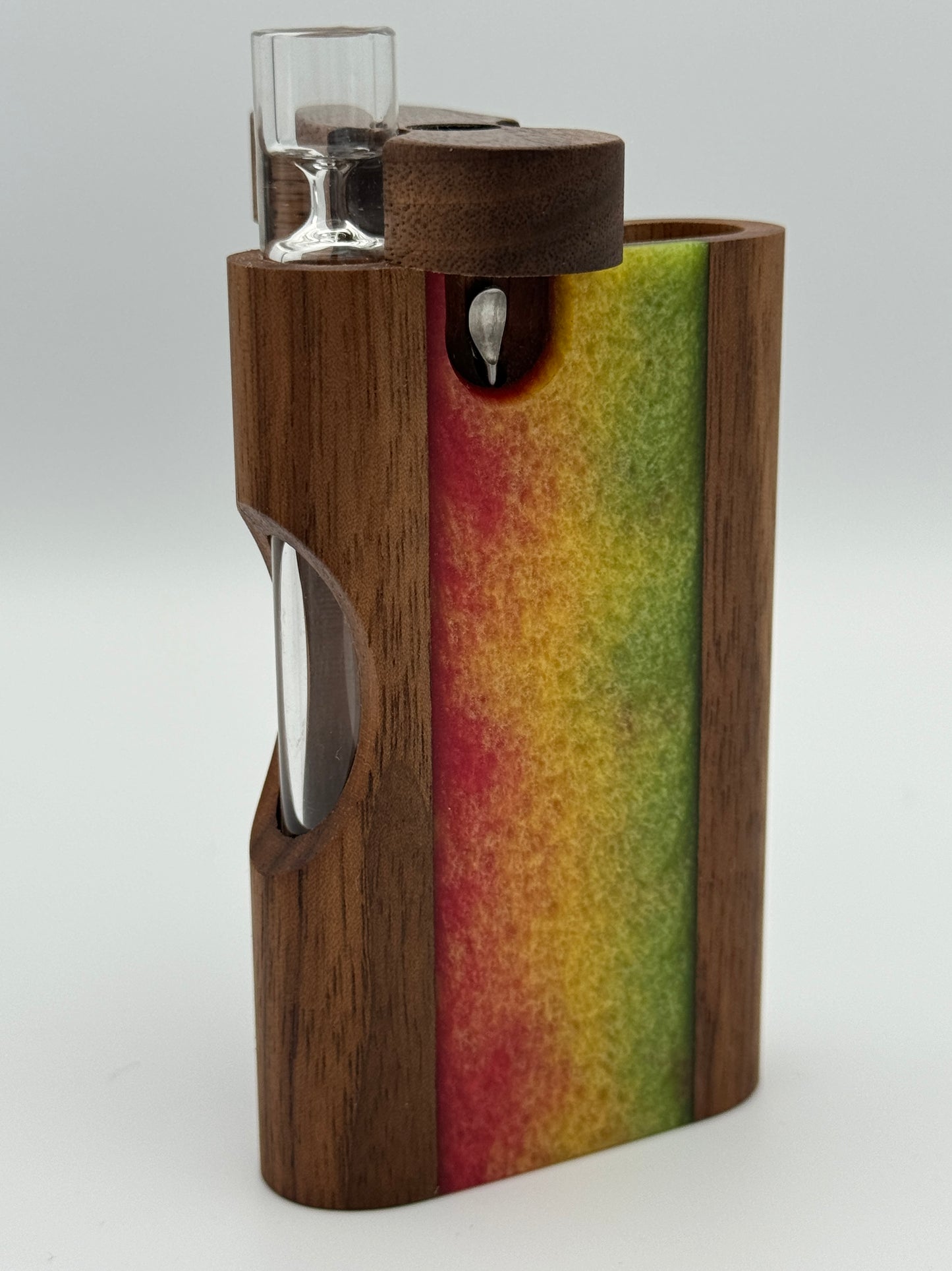 Zombieboxx Dugouts - Chillum Box - With 3" Glass Chillum & Stainless-Steel Poker - Premium Black Walnut - Rasta Resin Epoxy