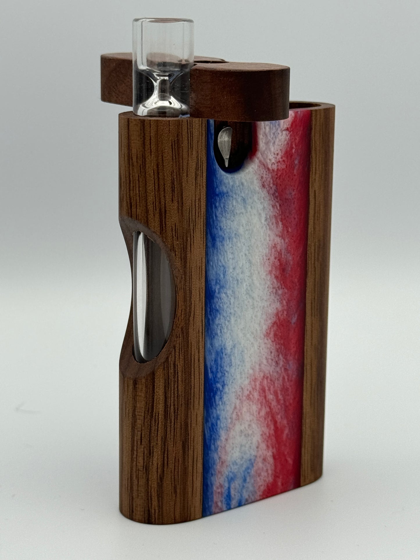 Zombieboxx Dugouts - Chillum Box - With 3" Glass Chillum & Stainless Steel Poker - Premium Black Walnut - Red White & Blue Resin Epoxy