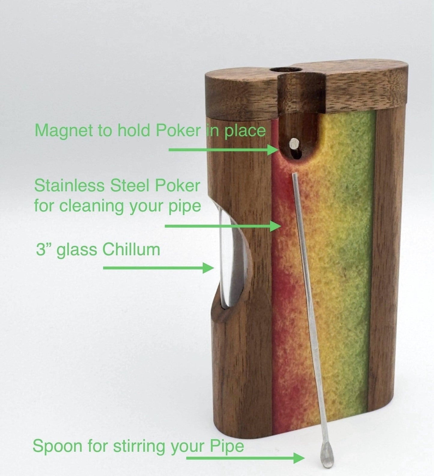 Zombieboxx Dugouts - Chillum Box - With 3" Glass Chillum & Stainless-Steel Poker - Premium Black Walnut - Rasta Resin Epoxy